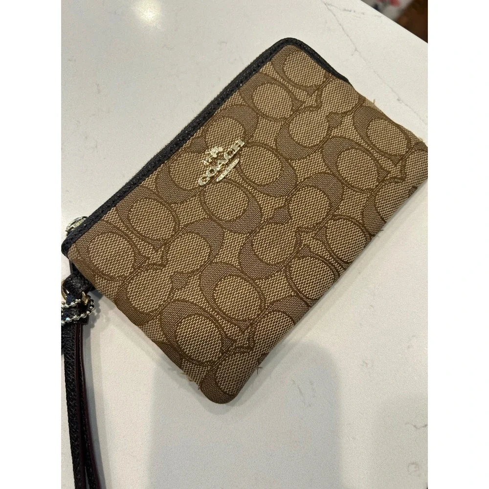 Coach Wristlet Brown Signature Canvas Leather Trim Small Zip Pouch Wallet